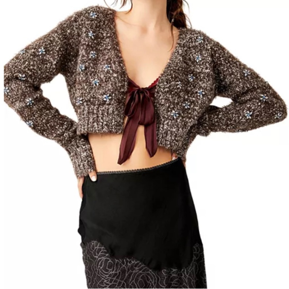 Free People Brown Cropped Sweater with Blue Accents